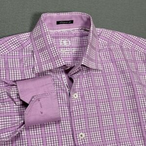 Bugatchi Uomo Classic Fit Shirt Mens Small Pink Plaid Contrast Cuffs Poplin